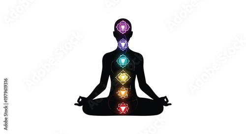 Human silhouette sitting in a meditative lotus position displays glowing chakra energy points along the center of the body.
