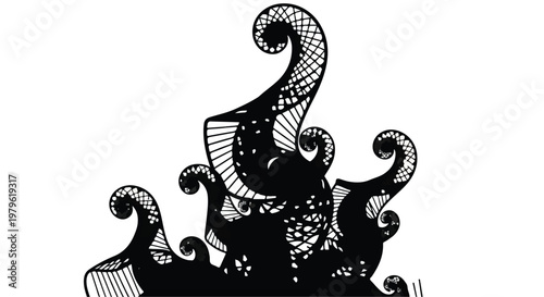 Abstract shape features intricate ink patterns and swirling organic tendrils reminiscent of deep sea creatures or fantastical flora.