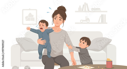 Stressed Mother Juggles Crying Baby and Toddler with Overwhelmed Expression