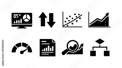Data interpretation: analytics dashboard, comparison arrows, correlation graph, forecast chart, KPI gauge, report document, magnifying glass chart, decision chart.