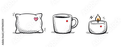 Simple home comfort theme a horizontal row of 3 related hand-drawn objects on a white background: a soft pillow with a tiny pink heart detail, a simple mug with a small