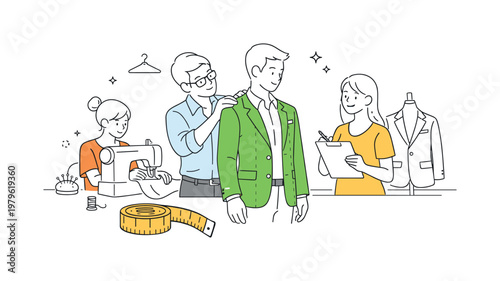 Fashion tailoring craftsmanship scene showing a tailor and client working together to adjust and refine clothing in a studio environment, with a sewing machine and a