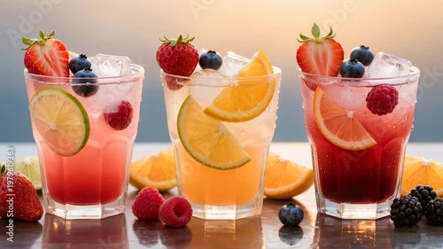 Three glasses of colorful fruit cocktails with ice cubes, citrus slices and fresh berries arranged on table, creating vibrant summer refreshment and healthy food concept.