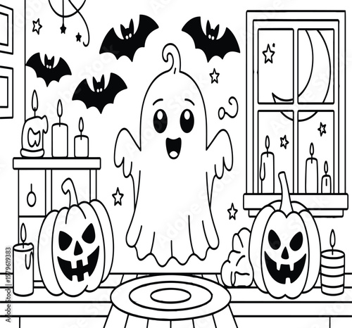 Cute ghost with pumpkins and bats in halloween room scene vector illustration EPS PNG file