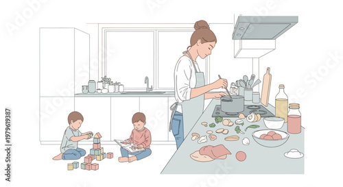 Mother Cooking in Kitchen While Children Play