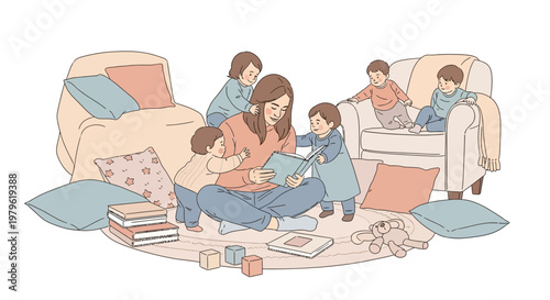 Mother Reading to Group of Children in Cozy Living Room