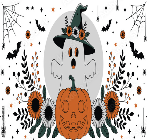 Ghost in witch hat with pumpkin and sunflowers, halloween theme vector illustration EPS PNG file