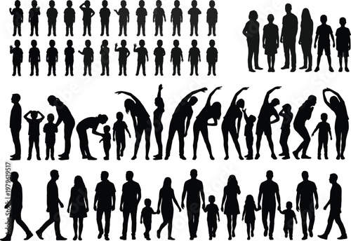 Family silhouettes vector illustration, parents children group poses set, people walking standing activities, human figures collection, lifestyle generations design