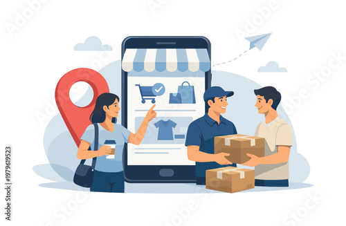 Digital marketplace and consumer convenience theme where technology enables quick access to goods and services anytime and anywhere, represented by a smartphone paired