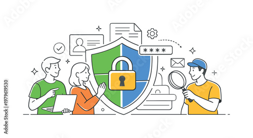 Users protecting digital identities and preventing unauthorized access through secure practices in online environments, visualized with a metaphor of a shield and lock