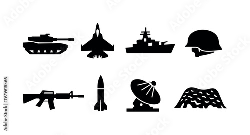Military warfare elements: tank, fighter jet, warship, soldier helmet, rifle, missile, radar system, camouflage net.