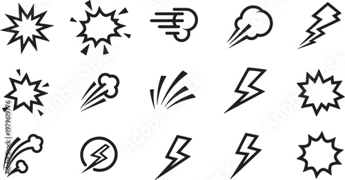 Cartoon explosion and lightning bolt icons set