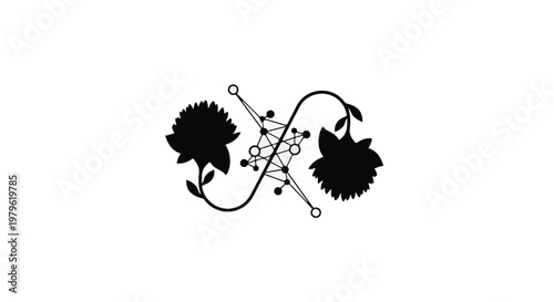 Flowers connected by a digital network symbol represent the fusion of nature and modern technology.