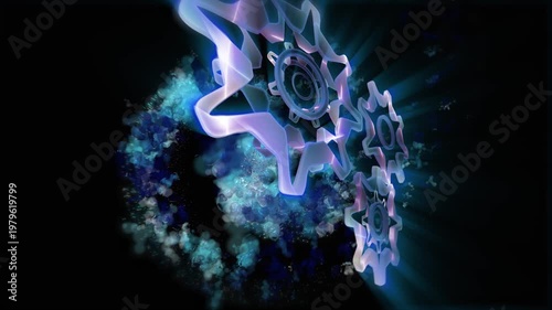 Abstract glowing gears rotating in outer space, surrounded by glowing particles and energy clouds, symbolize movement, technology and dynamic mechanical systems in a futuristic, surreal visual style.
