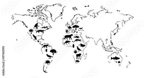 World map outlines are populated with various animal silhouettes representing global biodiversity and wildlife distribution.