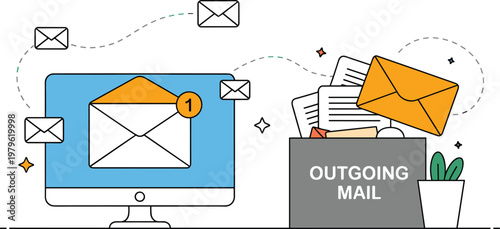 Digital and Physical Email Concept Illustration Featuring Computer Monitor Outgoing Mail Box Envelopes and Flying Letters for Business Communication Newsletter Marketing and Inbox Management
