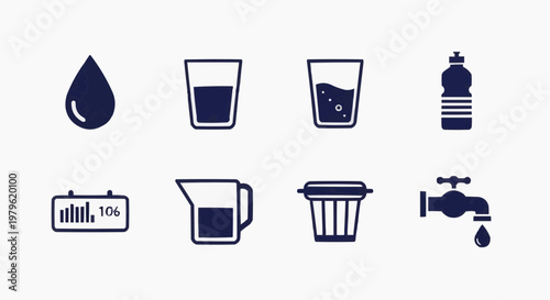 Minimalist water consumption icon set, navy blue hydration symbols for health tracking, 8 flat vector elements for liquid intake and plumbing
