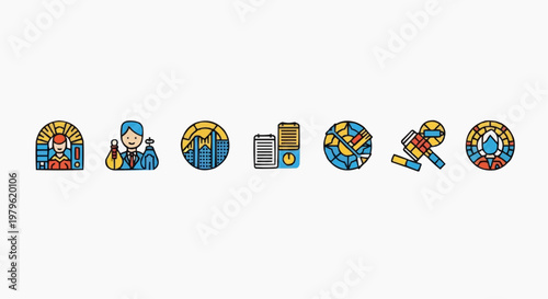 Stained glass style podcast icons, colorful radio broadcasting vector set, media production and audio journalism graphics on white background