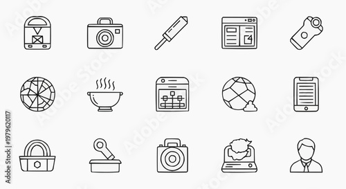 Minimalist line icons set of 15 vector elements, modern outline symbols for web and app interface, black and white stroke graphics for digital design