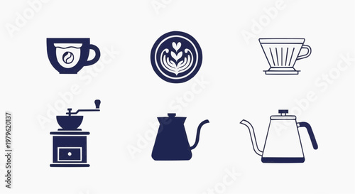 Minimalist coffee brewing icons set, navy blue specialty coffee equipment vector, flat line art of gooseneck kettle and burr grinder for cafe branding