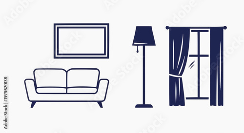 Minimalist living room furniture icons, modern sofa and floor lamp vector set, home interior window with curtains and picture frame elements