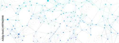 Abstract blue network of interconnected dots and lines on a white background, representing technology, global communication, data flow, and modern science concepts.