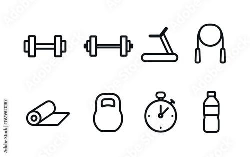 Fitness and training: dumbbell, barbell, treadmill, jump rope, yoga mat, kettlebell, stopwatch, water bottle.