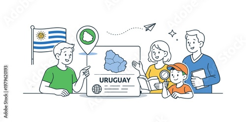 A geography and education concept where visual symbols help people learn about different countries and their flags, represented by a minimal composition of the Uruguay