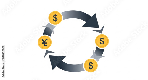 Circular currency exchange arrows with coins icon.