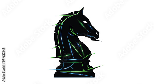 Chess knight piece appears as a stylized black figure with vibrant green glowing geometric lines.