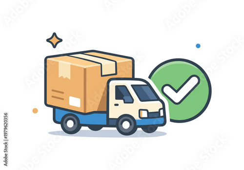 Order fulfillment and delivery workflow in an online retail system highlighting logistics and customer satisfaction, a package box combined with a small delivery truck