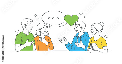 A friendly meetup context where individuals talk and exchange ideas in an informal setting, illustrated by a small group gathered near a simple chat bubble and heart