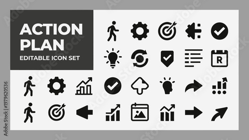 A broad set of solid black action plan icons with people and arrows.