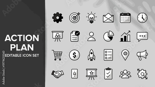 A versatile collection of outline and solid icons for action plan and business themes.