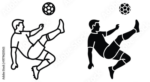 Stylized graphic silhouette of a soccer player kicking a ball, isolated on a plain white background, perfect for sports branding.
