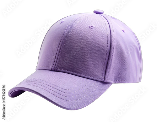 A solitary, light purple baseball cap is displayed against a stark black background, highlighting its clean lines and simple design.
