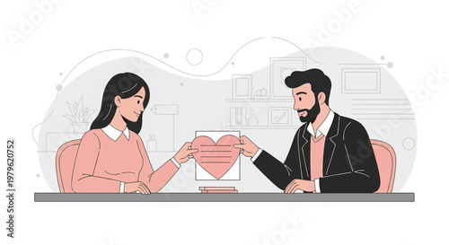 Couple Exchanging Heart Illustration: Love, Romance, Dating, Relationship Concept