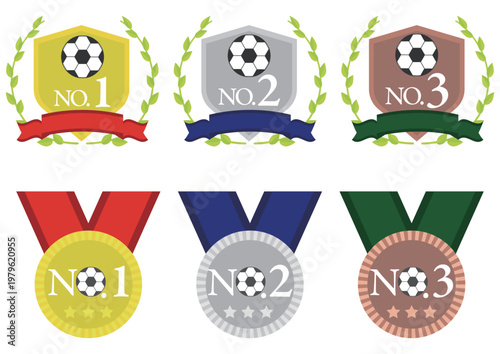 サッカーボールのアイコン付エンブレムやメダルの便利な1位から3位までのセット