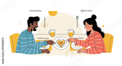 Couple enjoying romantic dinner with heart-shaped food, illustration