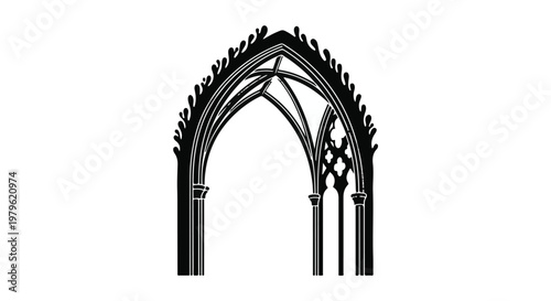 Gothic archway featuring intricate stone carvings stands isolated against a clean white background.