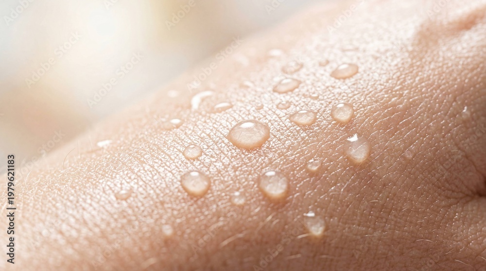 Fototapeta premium Extreme macro shot of water droplets on human skin. Concept of hydration, skincare, moisture, and dermatology.