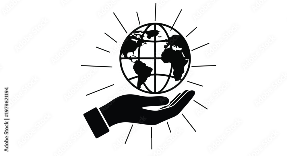 Fototapeta premium Hand holding a globe with radiating light rays symbolizes global environmental protection and human care for the planet.