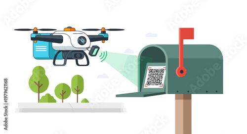Drone delivering package to mailbox with QR code