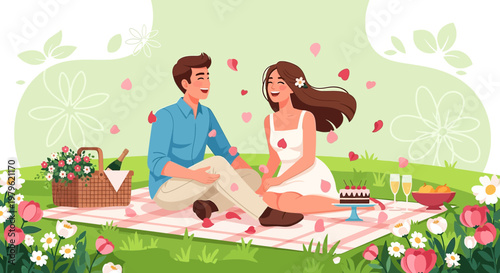 Couple Enjoying Romantic Picnic in Flower Field
