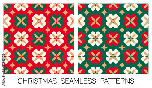Set of abstract red and green geometric elements with gold star seamless pattern design for christmas and new year background.
