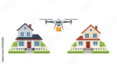 Drone delivering package to houses with picket fences