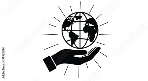 Hand holding a globe with radiating light rays symbolizes global environmental protection and human care for the planet.