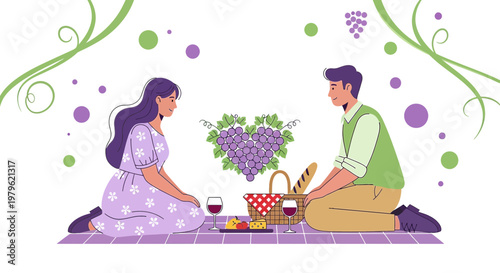 Couple Enjoying Romantic Picnic with Heart Shaped Grapes