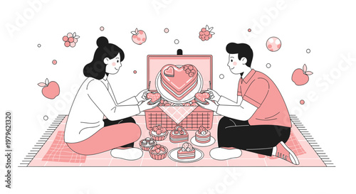 Couple Enjoying Romantic Picnic with Heart Cake and Tea