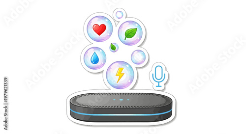 Smart speaker with eco friendly icons and voice assistant